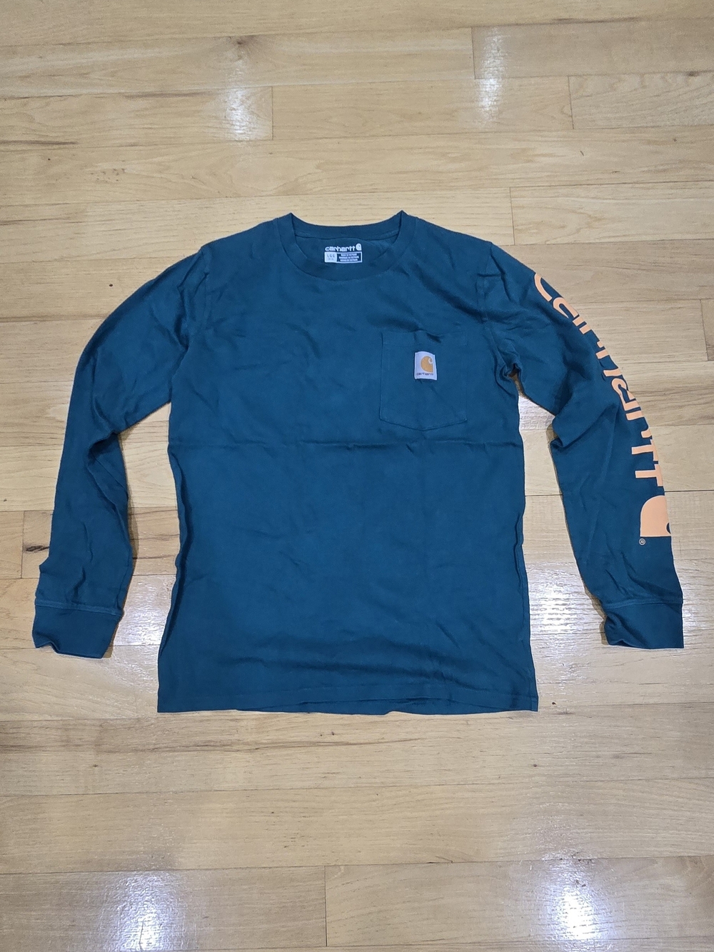 Carhartt Long Sleeve Pocket Tee in Teal with Orange Logo Youth Large 14-16